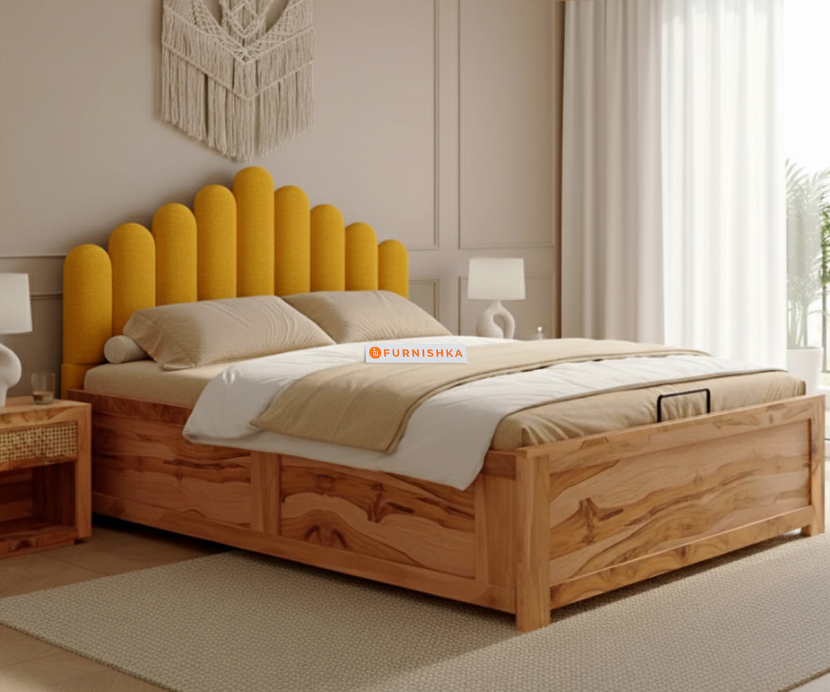 Dora Real Teak wood Hydraulic Bed King Size - Mustard Yellow - Furnishka 