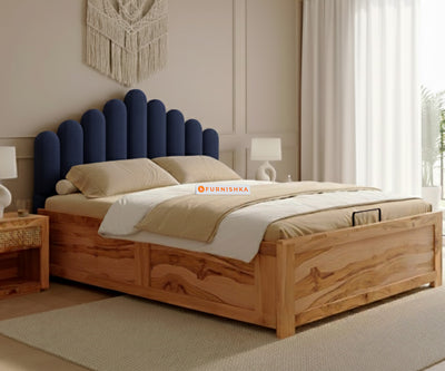 Dora Real Teak wood Hydraulic Bed King Size - Persian Blue