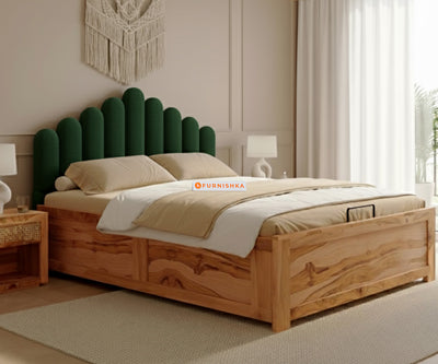 Dora Real Teak wood Hydraulic Bed King Size - Pine Green