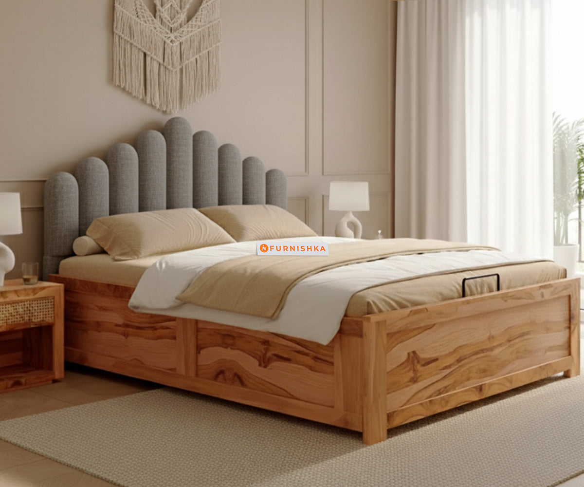 Dora Real Teak wood Hydraulic Bed King Size - Space Grey - Furnishka 