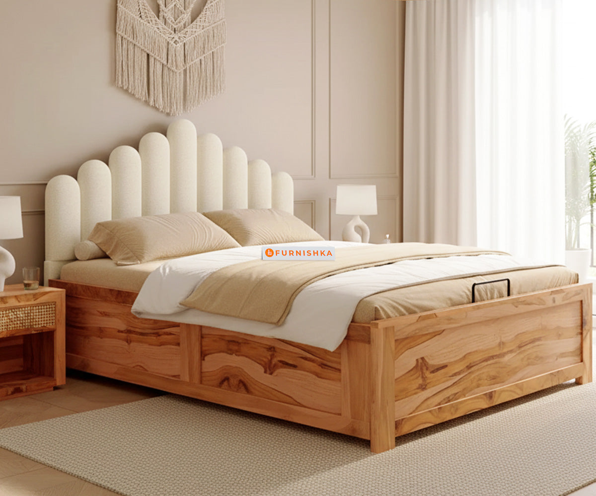 Dora Real Teak wood Hydraulic Bed King Size - Light Beige - Furnishka 