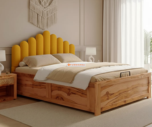 Dora Real Teak wood Hydraulic Bed Queen Size - Mustard Yellow - Furnishka 