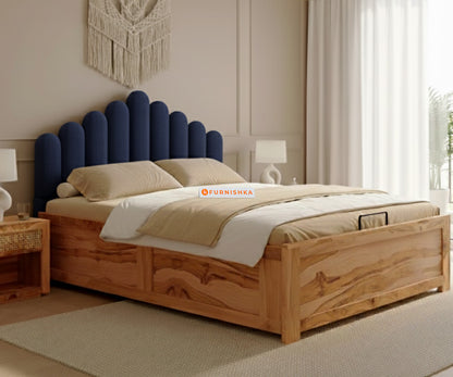 Dora Real Teak wood Hydraulic Bed Queen Size - Persian Blue - Furnishka 