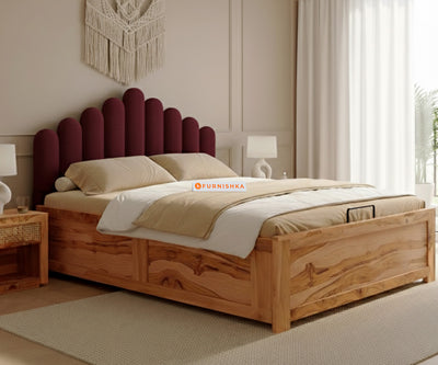 Dora Real Teak wood Hydraulic Bed Queen Size - Red Wine