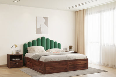Dora Sheesham Wood bed with Upholstered headboard Box Storage Queen Size