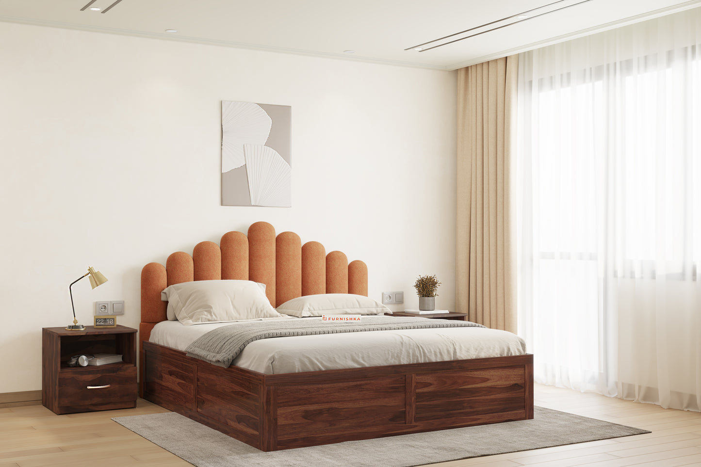Dora Sheesham Wood bed with Upholstered headboard Box Storage King Size - Furnishka 