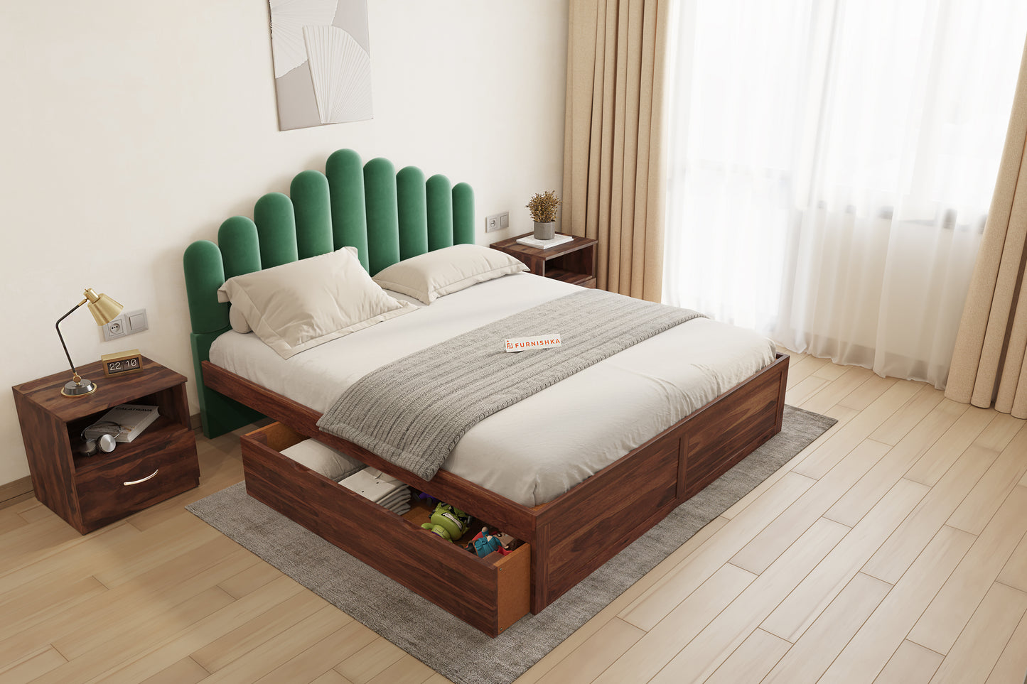 Dora Sheesham Wood bed with Upholstered headboard Drawer Storge King Size - Furnishka 