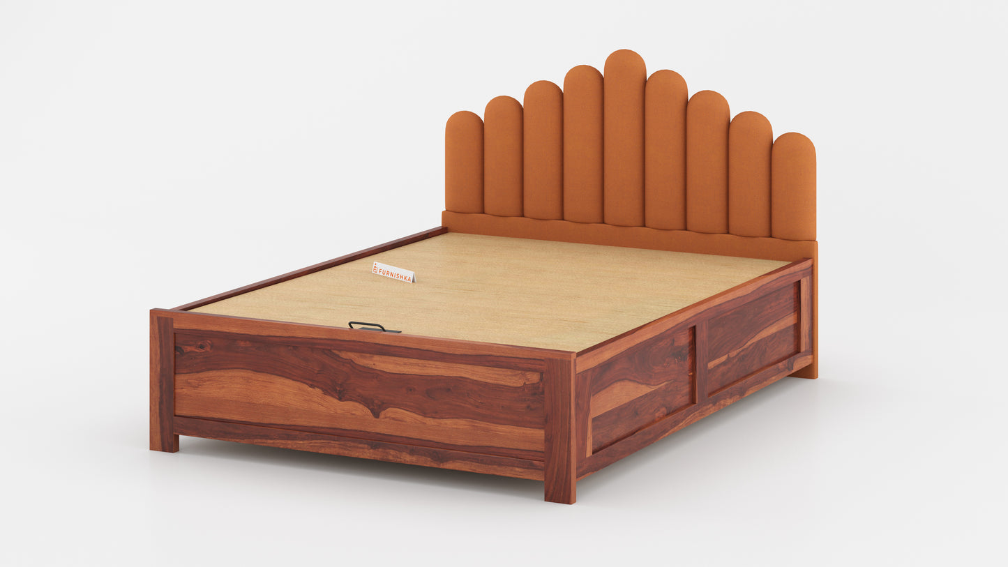 Dora Sheesham Wood bed with Upholstered headboard Hydraulic Storage King Size - Furnishka 