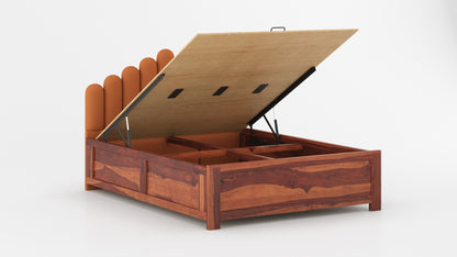 Dora Sheesham Wood bed with Upholstered headboard Hydraulic Storage King Size - Furnishka 