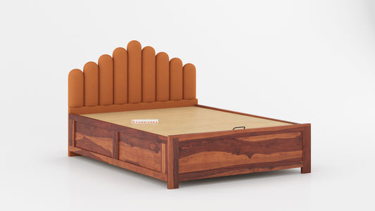 Dora Sheesham Wood bed with Upholstered headboard Hydraulic Storage Queen Size - Furnishka 