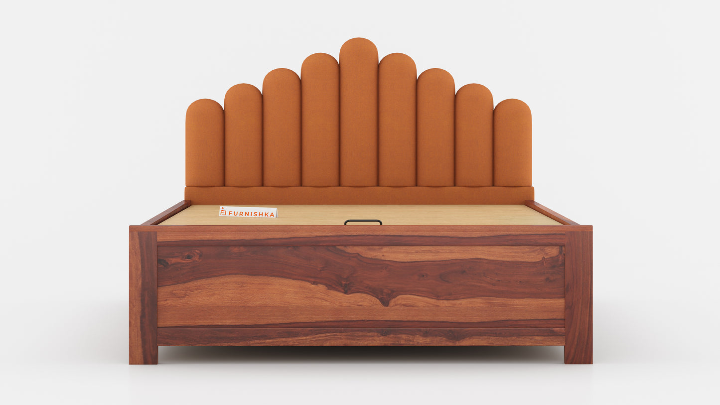 Dora Sheesham Wood bed with Upholstered headboard Hydraulic Storage King Size - Furnishka 