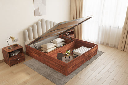 Dora Sheesham Wood bed with Upholstered headboard Hydraulic Storage King Size - Furnishka 