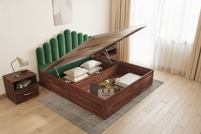 Dora Sheesham Wood bed with Upholstered headboard Hydraulic Storage King Size