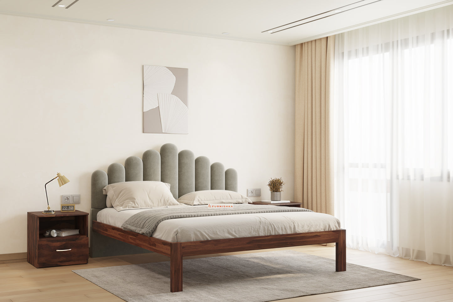 Dora Sheesham Wood bed with Upholstered headboard Non Storage King Size - Furnishka 