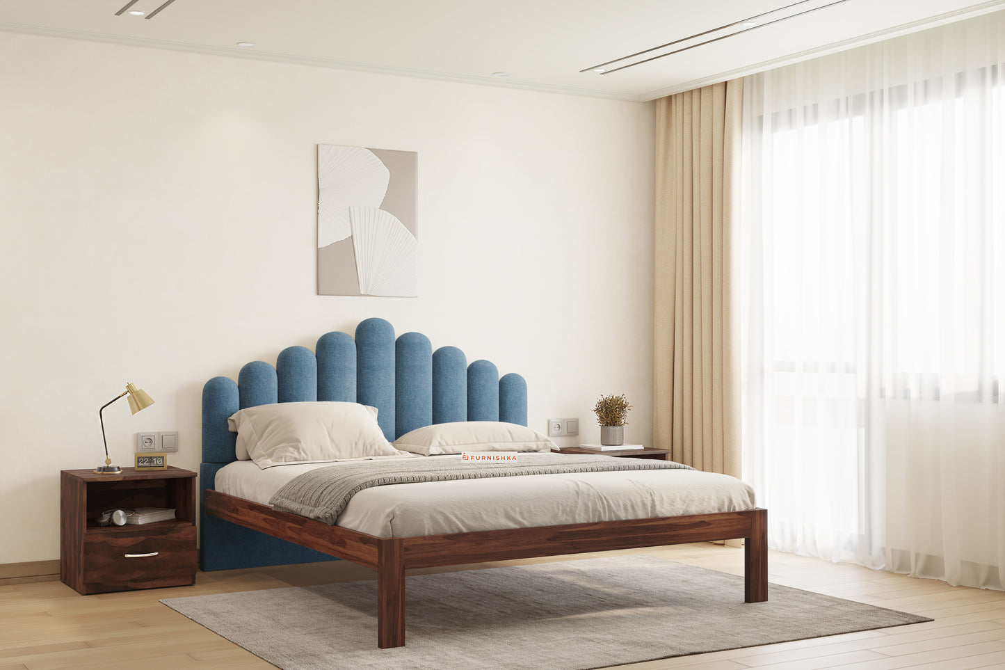Dora Sheesham Wood bed with Upholstered headboard Non Storage King Size - Furnishka 