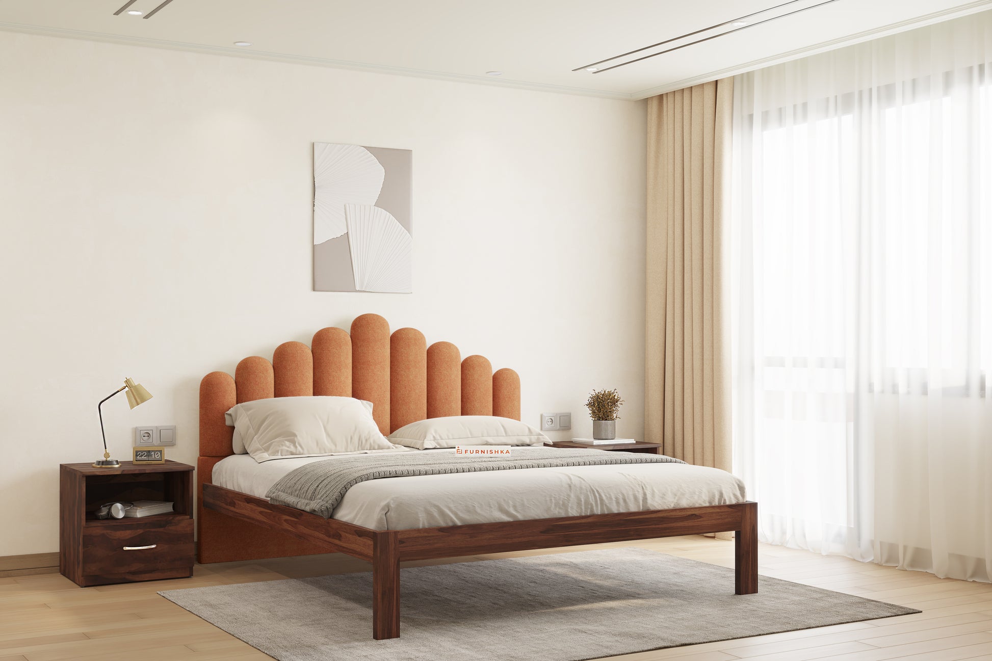 Dora Sheesham Wood bed with Upholstered headboard Non Storage King Size - Furnishka 