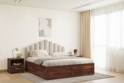 Dora Sheesham Wood bed with Upholstered headboard Box Storage King Size
