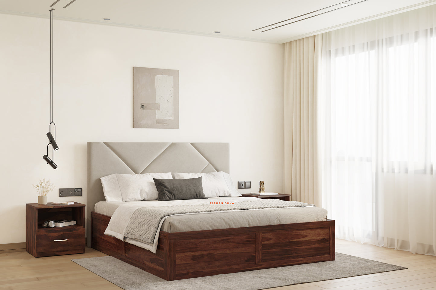 Agatha Sheesham Wood bed with Upholstered headboard Box Storage King Size