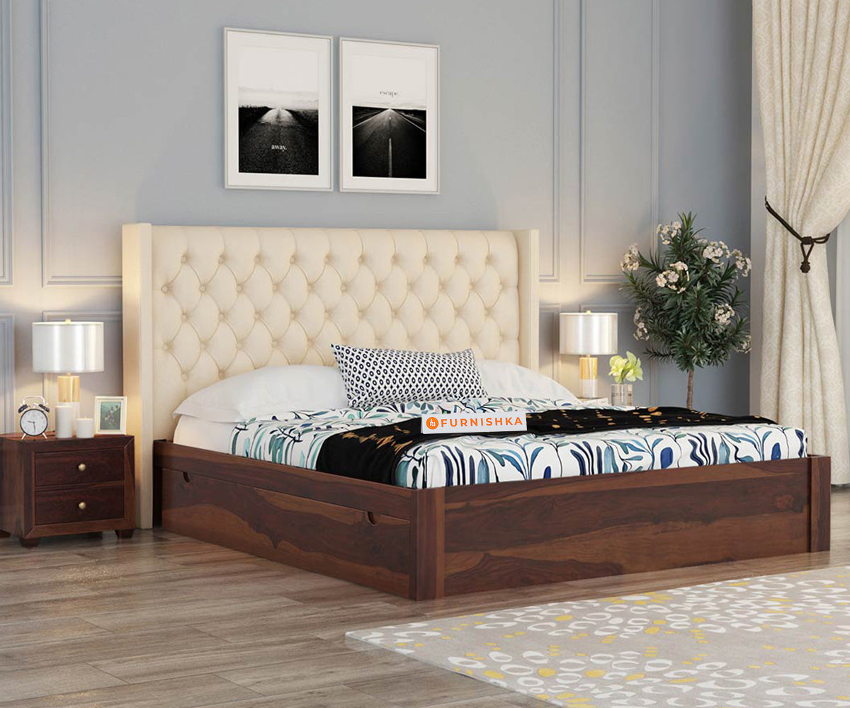 Drewno Sheesham wood  Box Storage Bed - Queen Size - Furnishka 