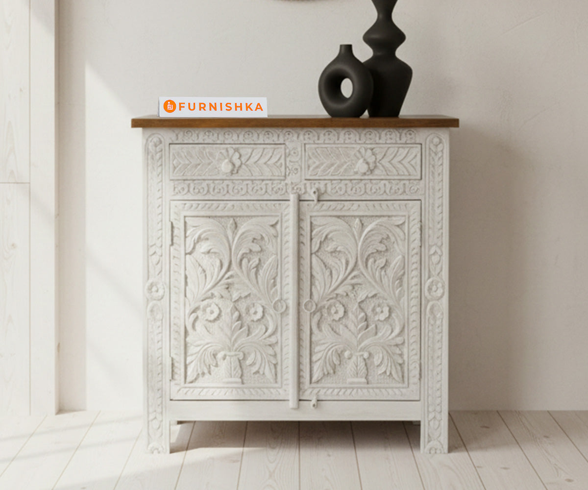 Floural curved Two Door Cabinet Distressed - Furnishka 