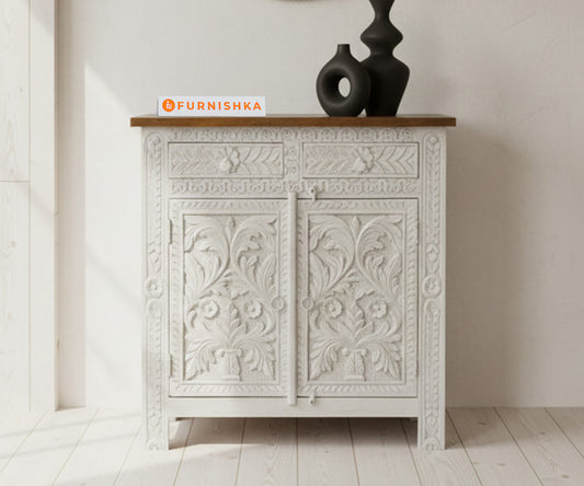 Floural curved Two Door Cabinet Distressed - Furnishka 