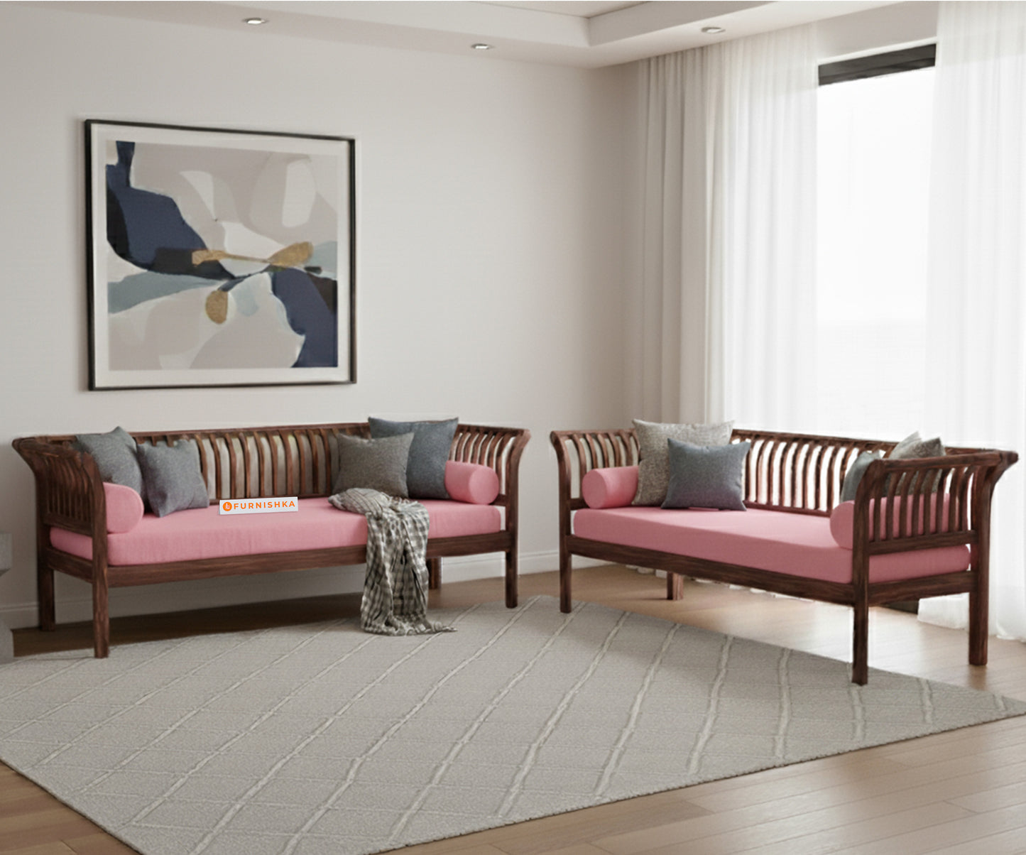 Garud 3 + 2 Sofa Set  Flamingo Pink - Furnishka 