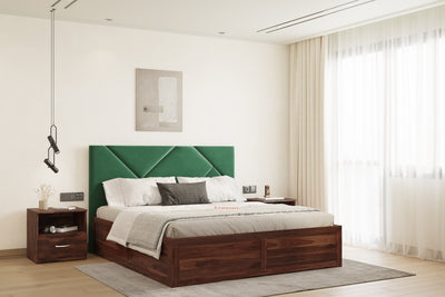Agatha Sheesham Wood bed with Upholstered headboard Box Storage King Size
