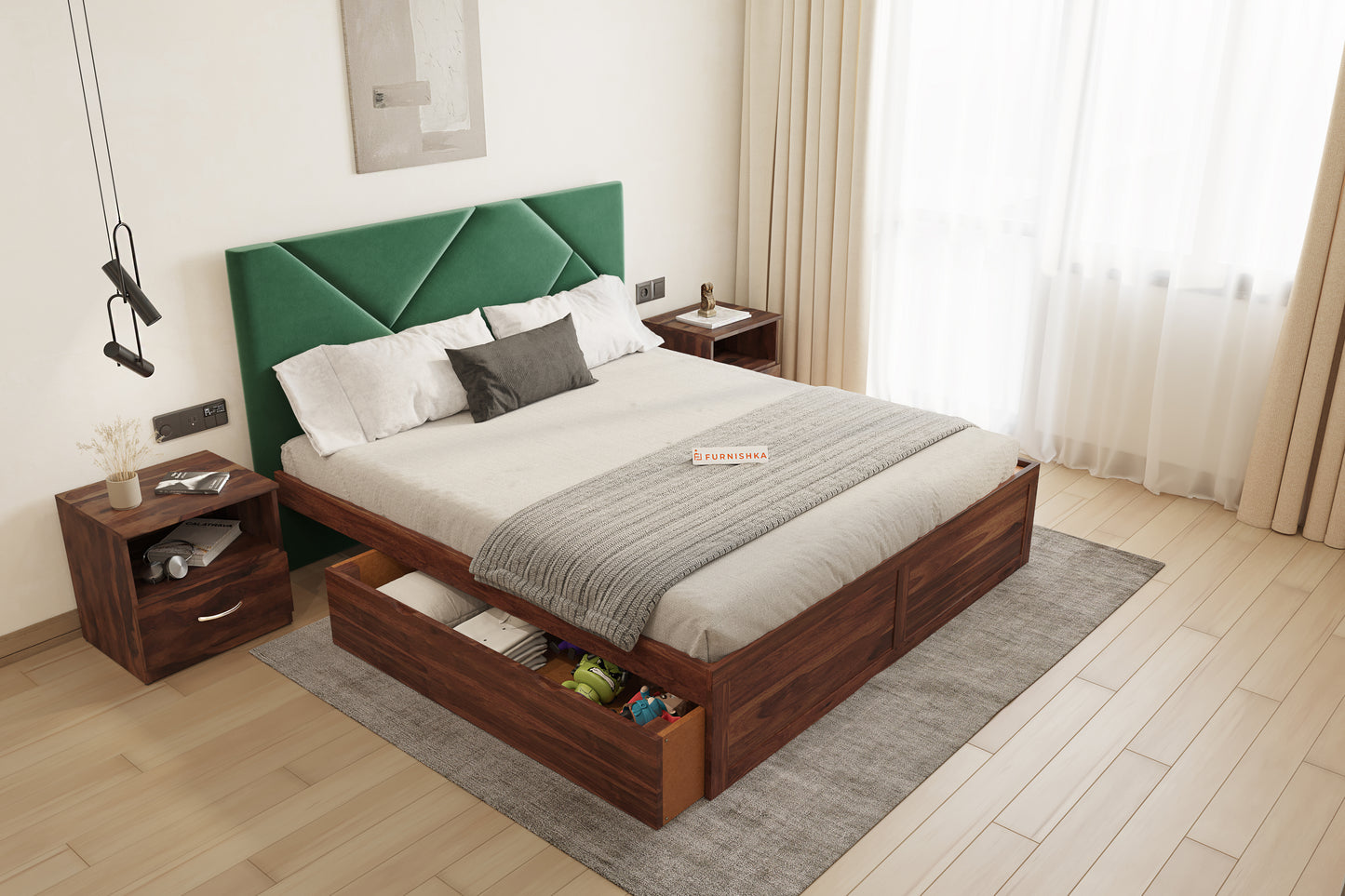 Agatha Sheesham Wood bed with Upholstered headboard Drawer Storge Queen Size