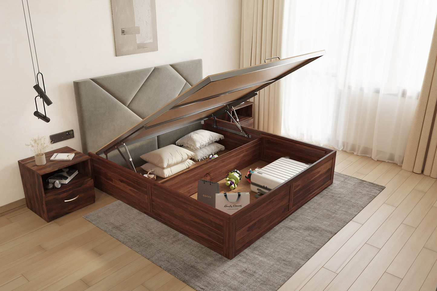 Agatha Sheesham Wood bed with Upholstered headboard Hydraulic Storage Queen Size