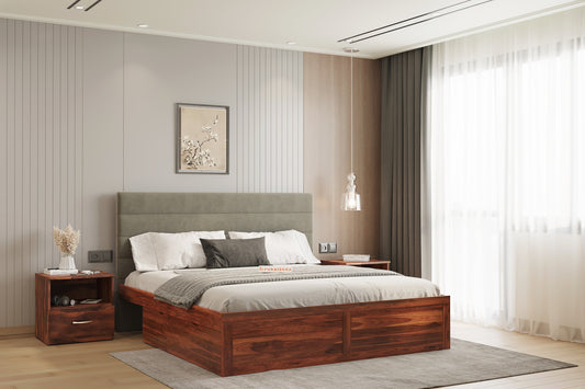 Niva Sheesham Wood bed with Upholstered headboard Drawer Storge King Size