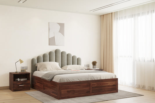 Dora Sheesham Wood bed with Upholstered headboard Box Storage King Size