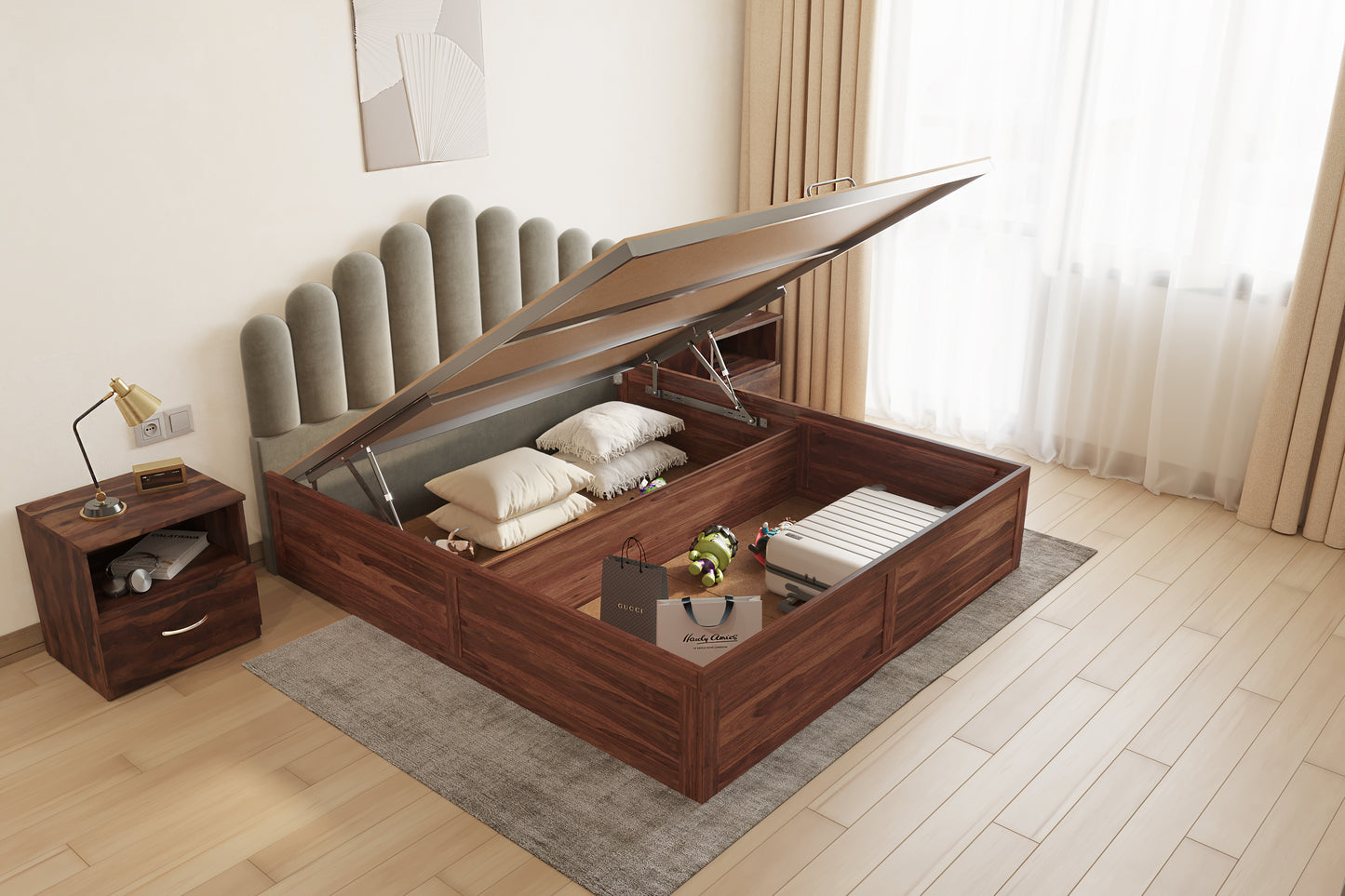 Dora Sheesham Wood bed with Upholstered headboard Hydraulic Storage King Size