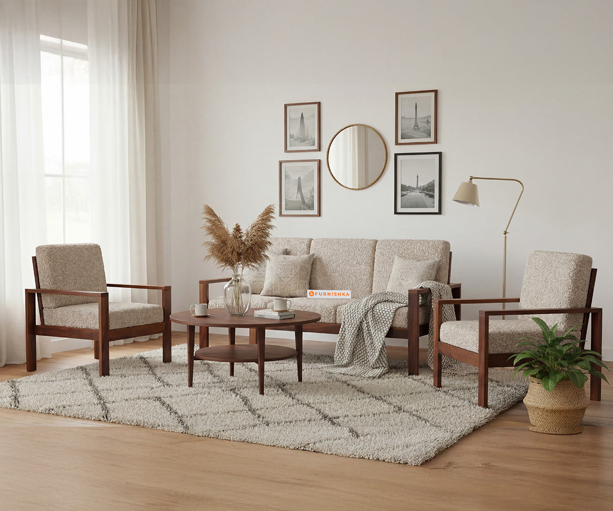 Halle 3+1+1 Seater Sofa Set With Anthology Fabric Light Beige - Furnishka
