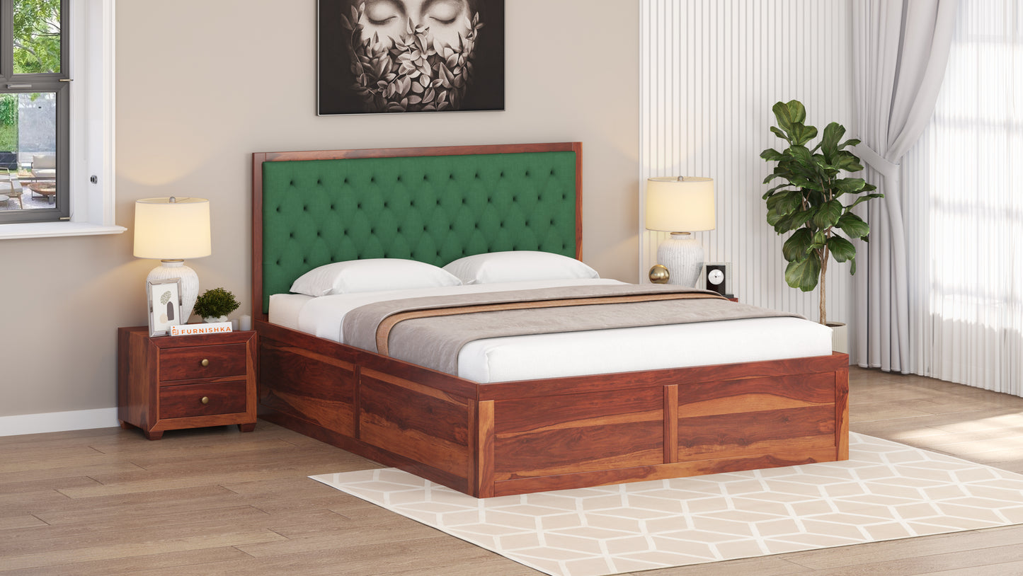 Harshlyn Sheesham Wood bed with Upholstered headboard Box Storage Queen Size - Furnishka 