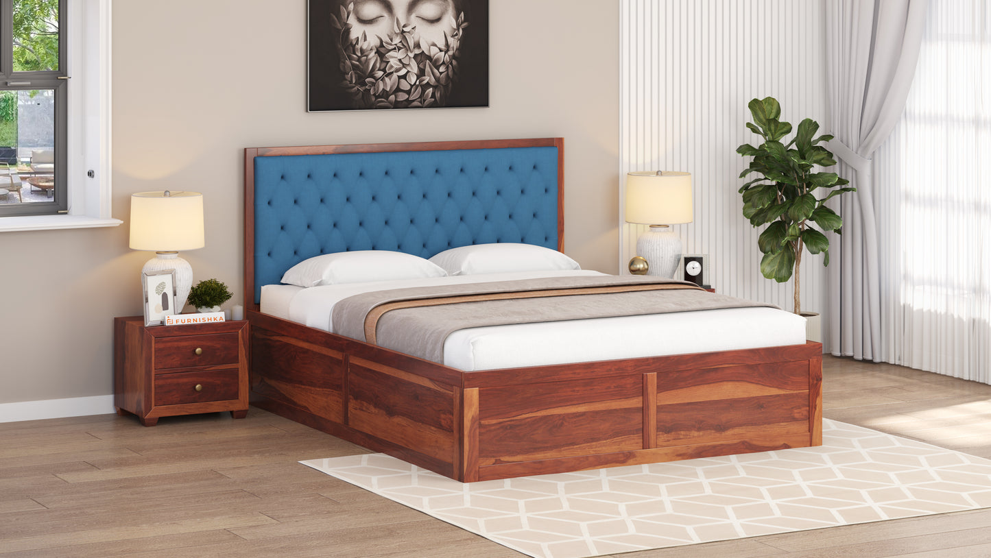 Harshlyn Sheesham Wood bed with Upholstered headboard Box Storage King Size - Furnishka 