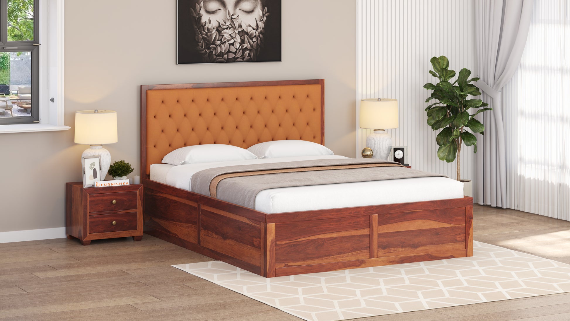 Harshlyn Sheesham Wood bed with Upholstered headboard Box Storage Queen Size - Furnishka 