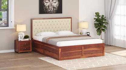 Harshlyn Sheesham Wood bed with Upholstered headboard Box Storage Queen Size - Furnishka 