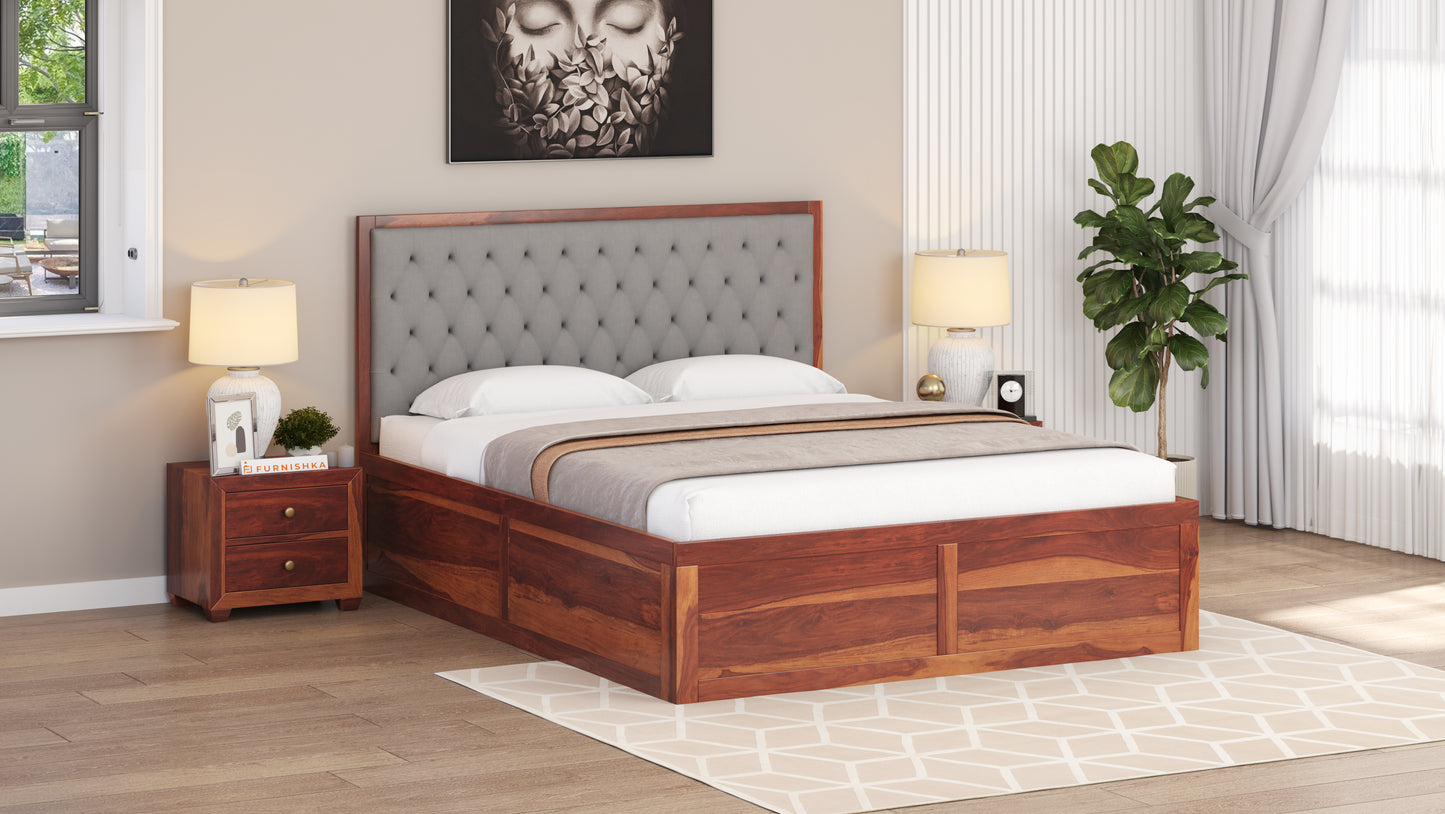 Harshlyn Sheesham Wood bed with Upholstered headboard Box Storage Queen Size - Furnishka 