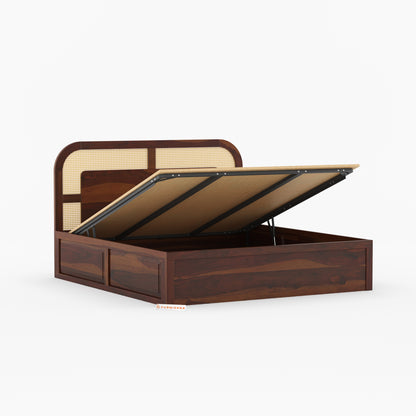 Hester Sheesham Wood Cane Bed With Hydraulic Storage - Queen Size - Furnishka 