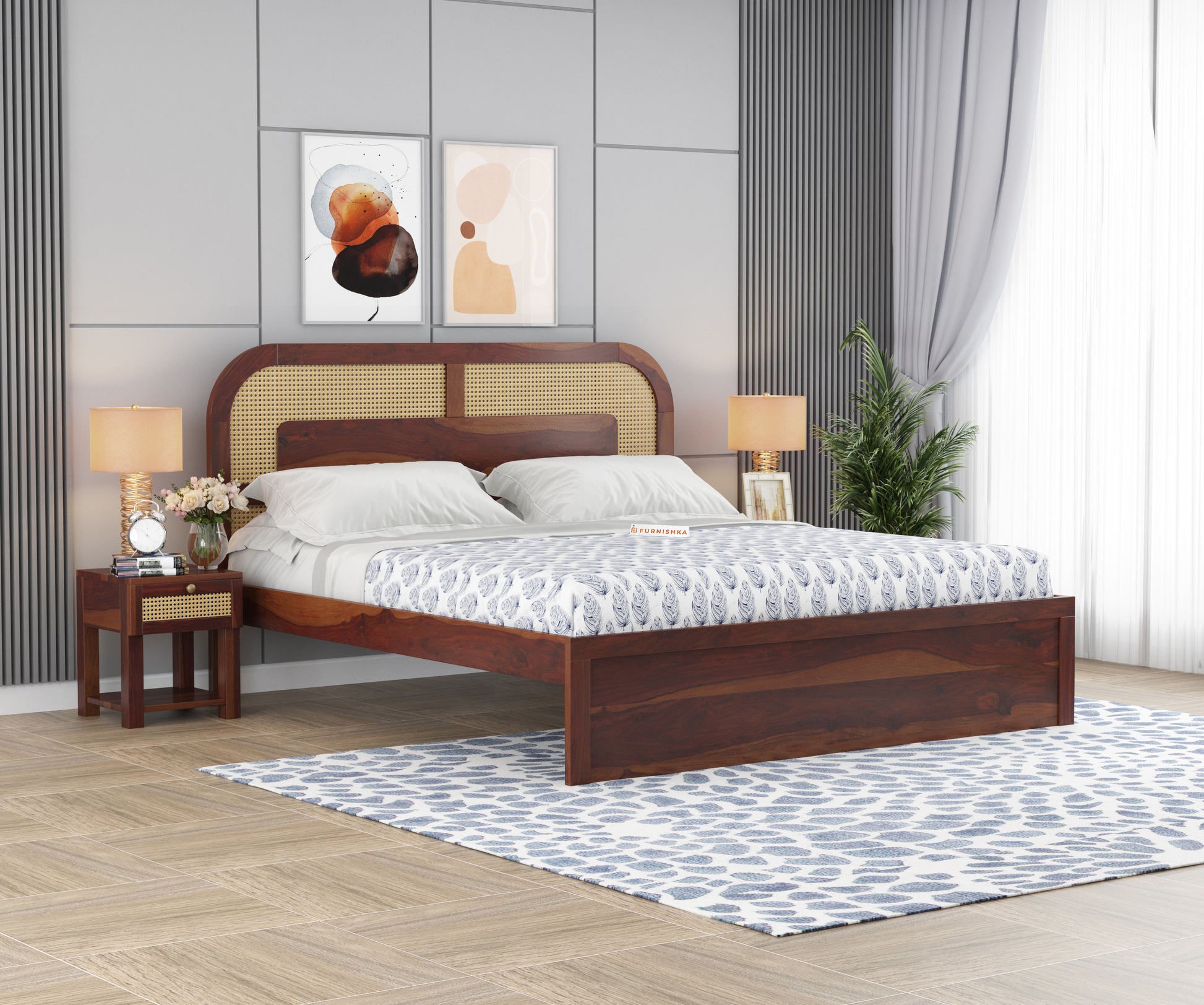 Hester Sheesham Wood Cane Bed With Non Storage - King Size - Furnishka 