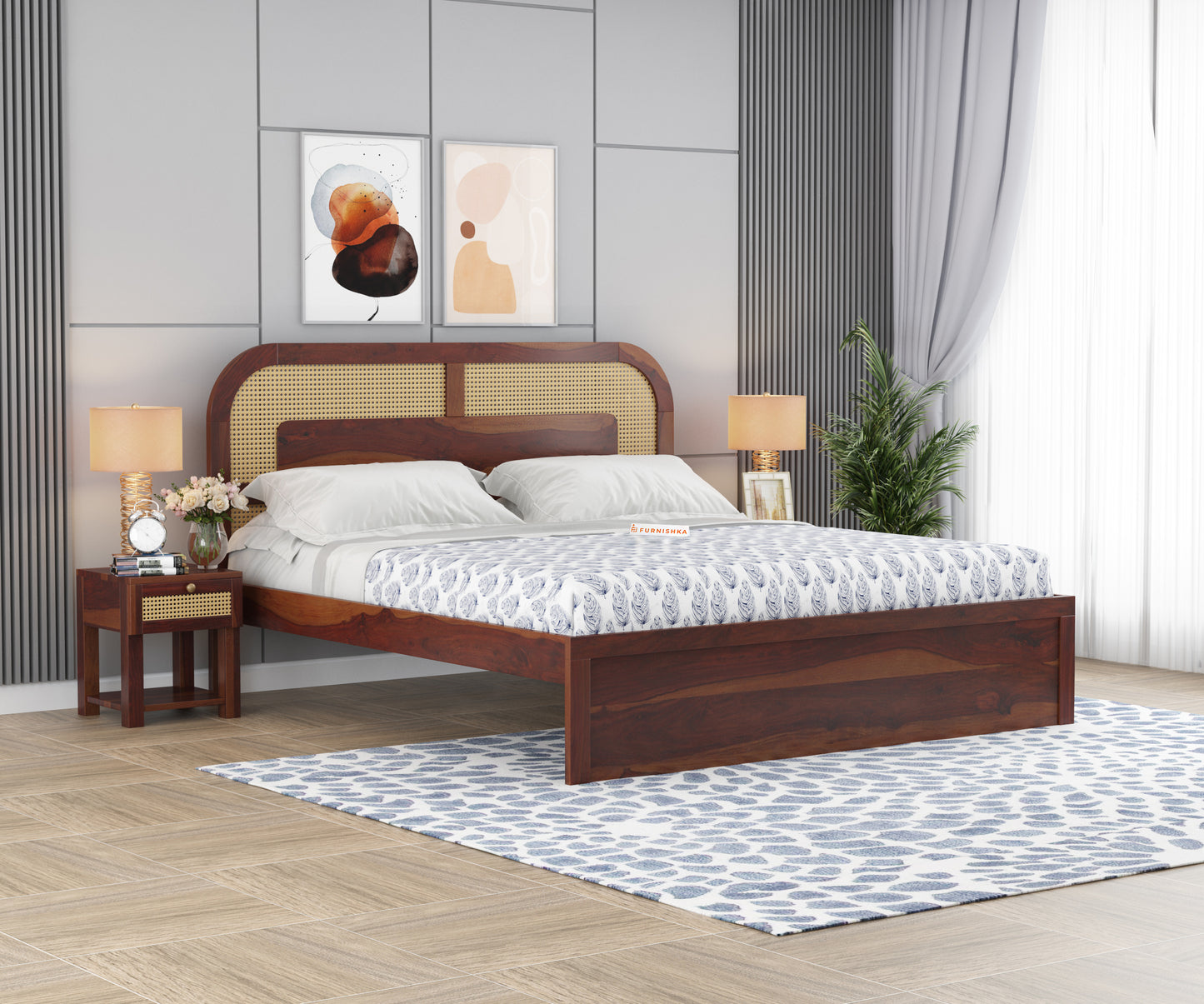 Hester Sheesham Wood Cane Bed With Non Storage - Queen Size - Furnishka 