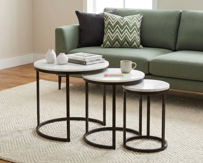 EthnoGlow Sagra Nesting Marble Side Table Set of 3 in Black Finish