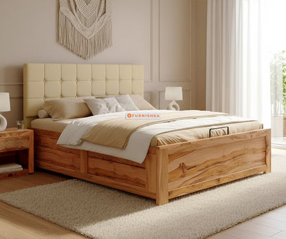 Irene Real Teak Wood Hydraulic Bed King Size Light Beige - Furnishka 