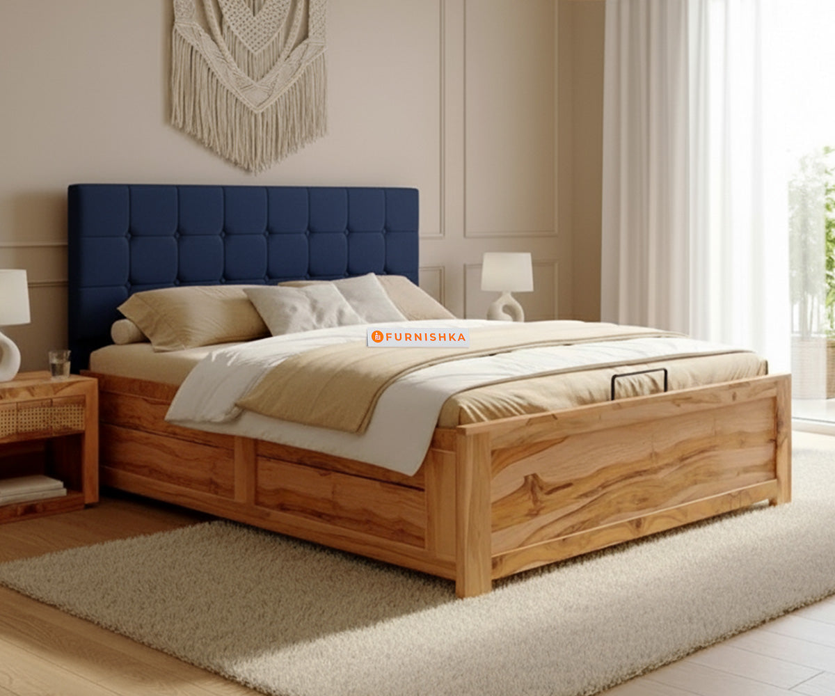 Irene Real Teak Wood Hydraulic Bed King Size Persian Blue - Furnishka 
