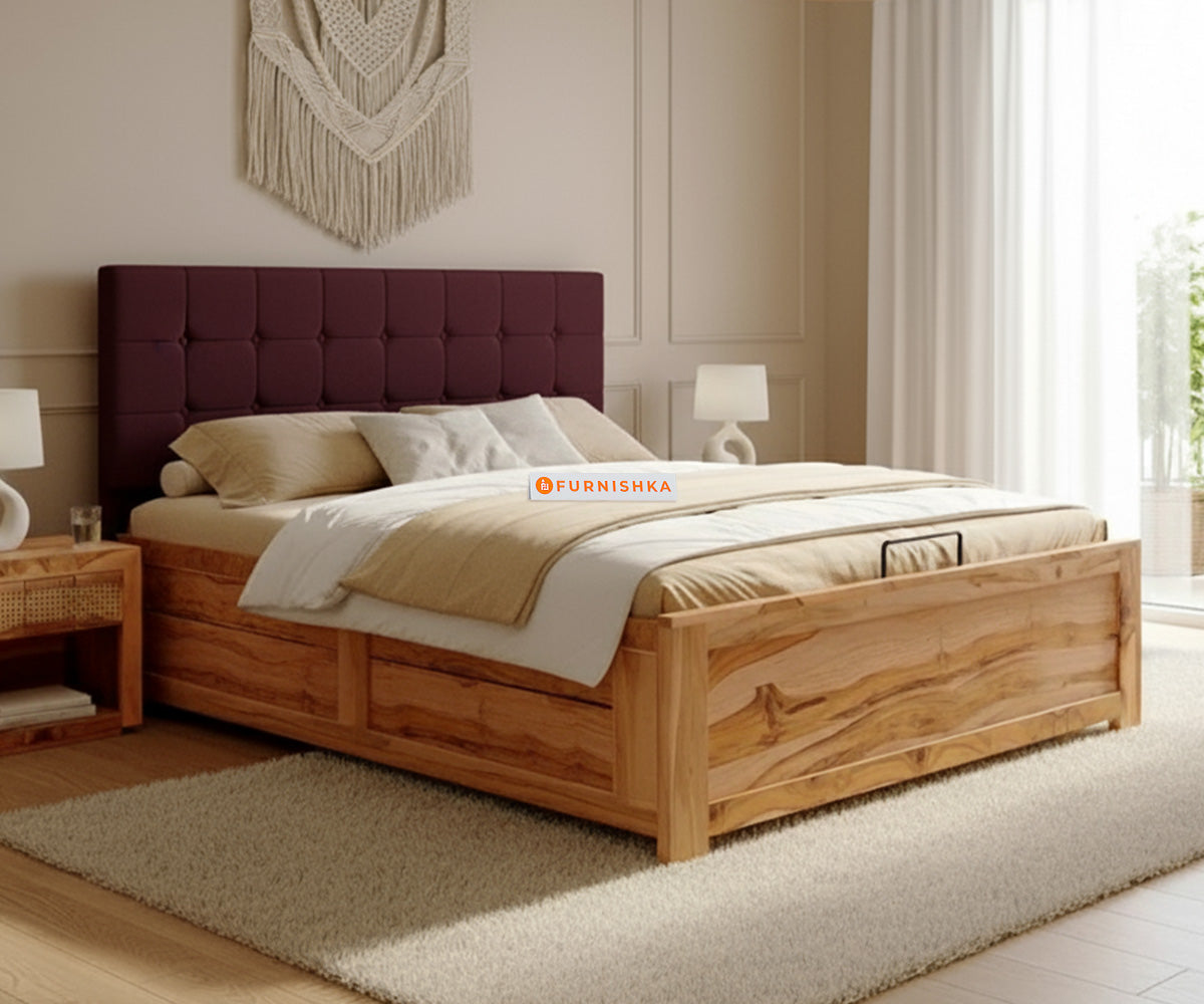 Irene Real Teak Wood Hydraulic Bed King Size Red Wine - Furnishka 