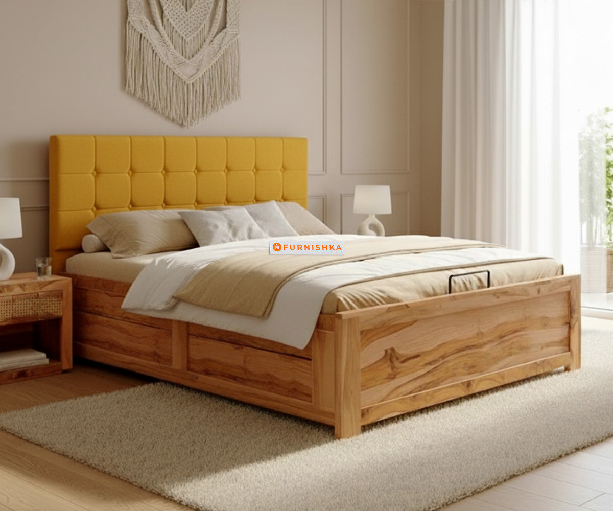 Irene Real Teak Wood Hydraulic Bed Queen Size Mustard Yellow - Furnishka 