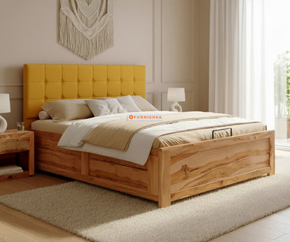 Irene Real Teak Wood Hydraulic Bed Queen Size Mustard Yellow - Furnishka 