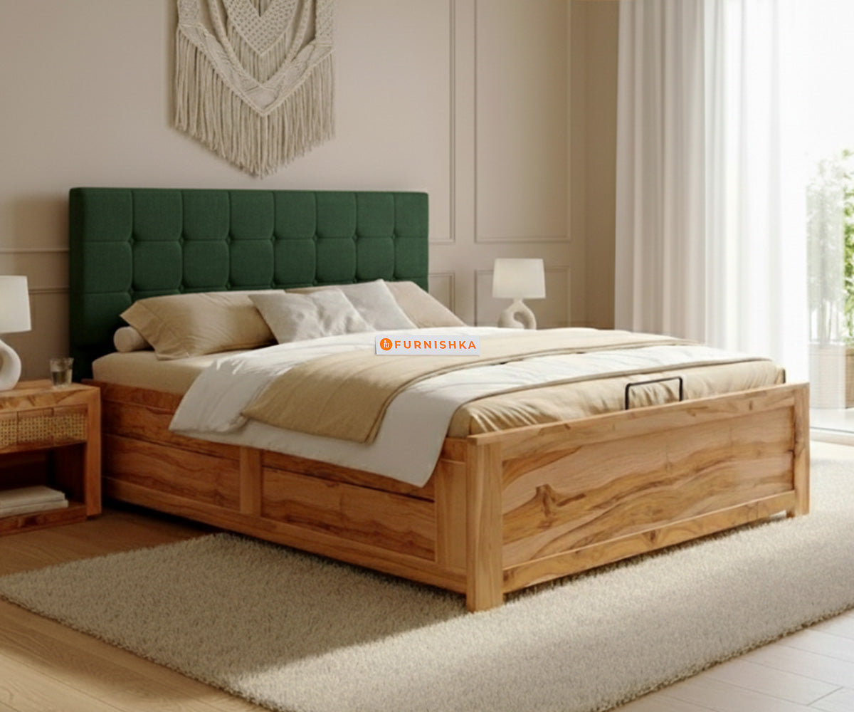 Irene Real Teak Wood Hydraulic Bed Queen Size Pine Green - Furnishka 