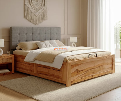 Irene Real Teak Wood Hydraulic Bed Queen Size Space Grey - Furnishka 