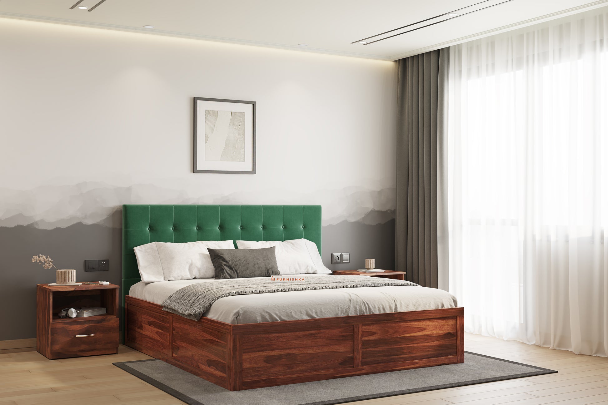 Irene Sheesham Wood bed with Upholstered headboard Box Storage King Size - Furnishka 